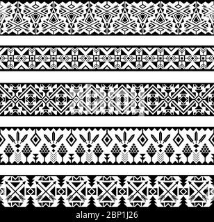 Ethnic pattern stripes. Black and white tribal mexican geometric seamless pattern borders isolated on white background Stock Vector