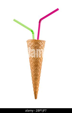 empty ice cream cones with colorful straws, isolated on white background Stock Photo