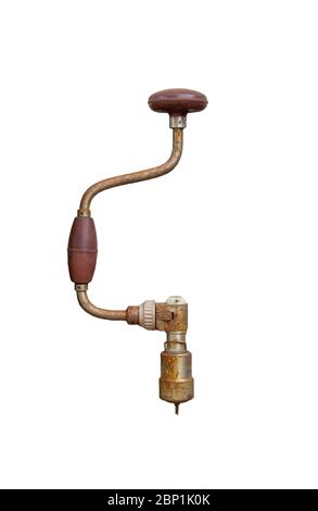 old hand drill on white background. Antique Tool Stock Photo