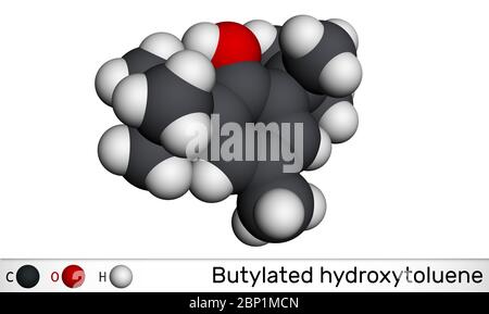 Butylated hydroxytoluene, BHT, dibutylhydroxytoluene molecule. It is lipophilic organic compound, antioxidant, food additive E321. Molecular model. 3D Stock Photo