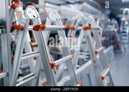 New aluminum stepladders in tool store 