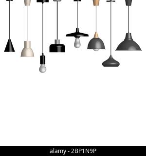 Set of various lamps and fixtures isolated on a white background. Front view, vector illustration. Stock Vector