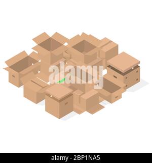 Bunch of cardboard boxes isolated on white background. Packaging design elements. Flat 3D isometric style, vector illustration. Stock Vector