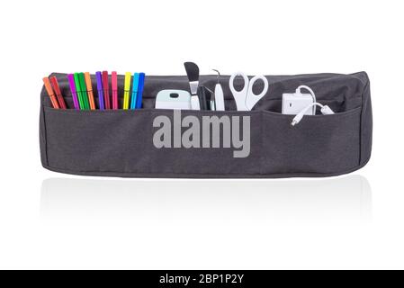 Gray cutting machine cover with all the stationery accessories isolated on white background. Stock Photo