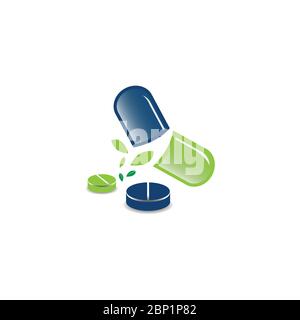 Nature herbal medicine logo design illustration vector. Vector illustration of herbal medicine with capsule of leafs and pills, nature medicine for he Stock Vector