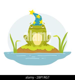 A frog in a swamp in a wizard's hat. Toad  Merlin. Cute flat hand drawn character. Illustration for fairytales book. Vector illustration isolated on w Stock Vector
