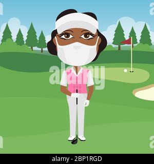 Golf player female black holding club with virus mask and white gloves on the green course with flag. Stock Vector