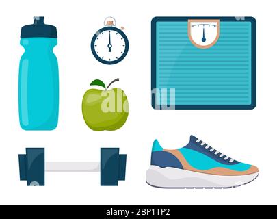 Fitness, sport, diet and healthy lifestyle training equipment collection. Running, sport and gym icons set. Vector illustration in flat style Stock Vector