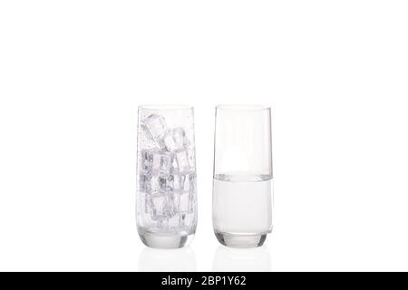 Ice melting concept with one glass with condensation droplets on the outside and full of ice and a second image of another glass half full of water sh Stock Photo