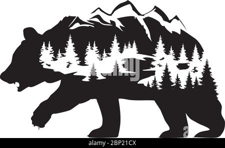 vector illustration of a bear silhouette with forest and mountains. fantasy bear nature, wilderness background. Stock Vector