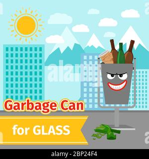 Garbage can with glass trash and monster face on the street, vector illustration Stock Vector