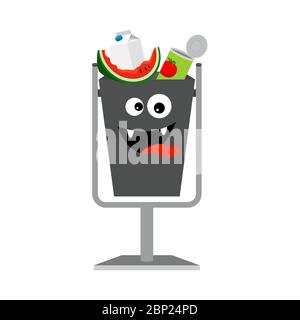 Garbage can with organic trash isolated on the white background, vector illustration Stock Vector