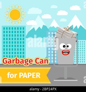 Garbage can with paper trash and monster face on the street, vector ilustration Stock Vector