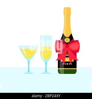 Bottle of champagne and several filled glasses, vector illustration Stock Vector