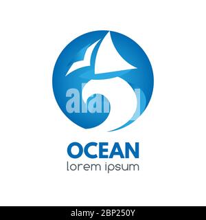 Logo badge with ocean wave and sailboat in a circular shape. Stock Vector