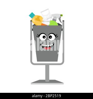 Garbage can with waste trash isolated on the white background, vector illustration Stock Vector