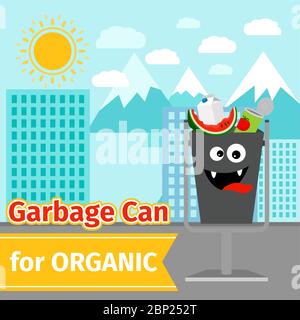 Garbage can with organic trash and monster face on the street, vector ilustration Stock Vector