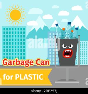Garbage can with plastic trash and monster face on the street, vector ilustration Stock Vector