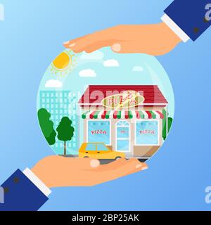 Business concept for opening the institution of pizza restaurant. A businessman is holding a glass ball with his hands, vector illustration Stock Vector