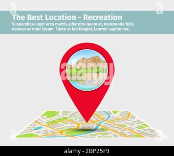 The Best location for recreation. Point on the map with building, vecrtor illustration Stock Vector