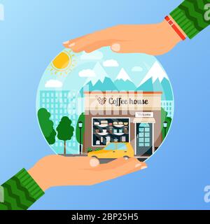 Business concept for opening the institution of coffe house. A woman is holding a glass ball with his hands Stock Vector