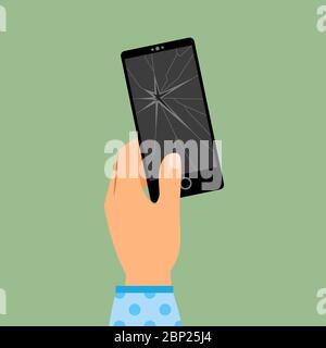 Womans hand holding broken smartphone vector illustration on green backdrop Stock Vector
