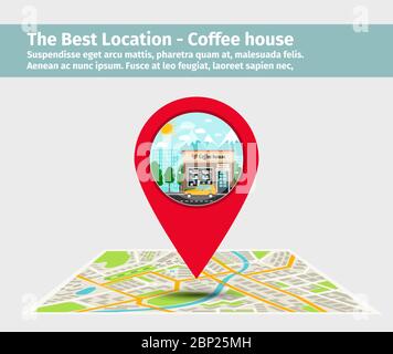 The best location coffee house. Point on the map with building, vector illustration Stock Vector
