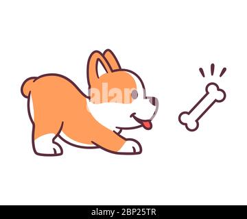 Funny cartoon dog with bone treat. Cute corgi puppy in playful pose. Isolated vector clip art illustration. Stock Vector