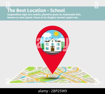 The best location school. Point on the map with building, vector illustration Stock Vector