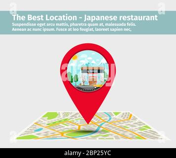 The best location japanese restaurant. Point on the map with building illustration, vector Stock Vector