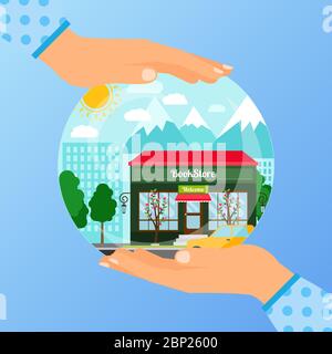 Business concept for opening the institution of bookstore. A woman is holding a glass ball with her hands, vector illustration Stock Vector