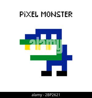 Vector pixel dinosaur monster vector illustration. Colored pixelated retro space monster for 8 bit arcade computer game Stock Vector