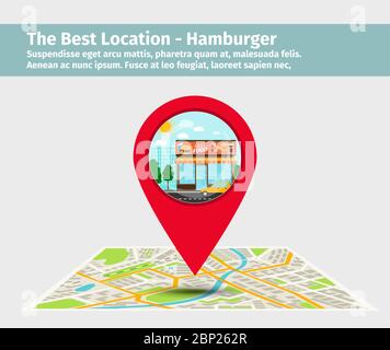 The best location hamburger. Point on the map with building illustration, vector Stock Vector