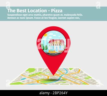 The best location pizza. Point on the map with building illustration. vector Stock Vector