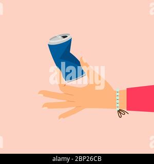 Woman hand holding broken aluminum can vector illustration Stock Vector