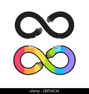 Autism pride symbol, infinity sign with helping hands. Black and white logo and rainbow spectrum colors. Neurodiversity awareness and acceptance. Stock Vector