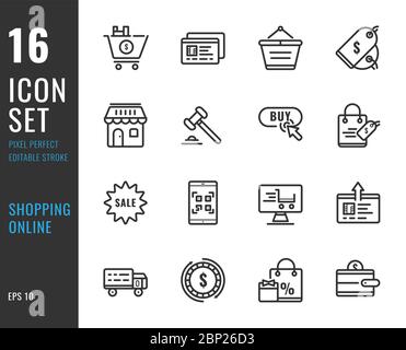 Set of 16 icons online shopping thin line style.  Editable stroke. Pixel Perfect. Vector illustration Stock Vector