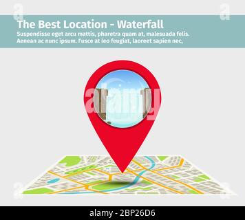 The Best Location Waterfall. Point on the map with building illustration Stock Vector