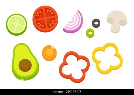 Cartoon vegetable set, veggies cut and prepped for salad or cooking. Simple flat design food icons vector illustration. Stock Vector