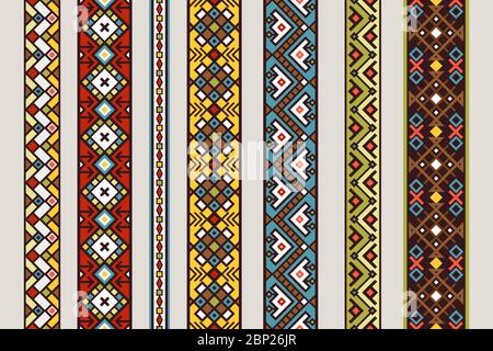Ethnic ribbon patterns. Vector mexican or tibetan seamless ribbon pattern set with carpet design isolated on white background Stock Vector