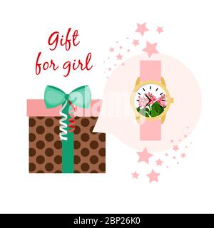 Clocks gift for girl. Digital hands pink watch and gift box, vector illustration Stock Vector