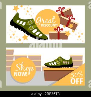 Men shoes horizontal flyers. Vector summer fashion model, green man shoe store and discount Stock Vector