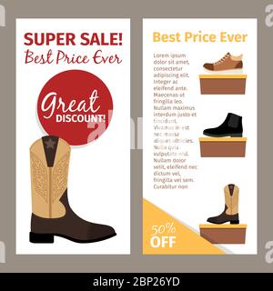 Shoes for men. Mans footwear like leather beige autumn boots. Vertical flyers design Stock Vector