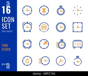 Set of 16 icons time clock thin line style. Pixel Perfect. Vector illustration Stock Vector