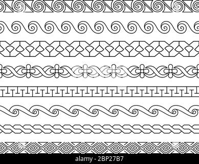 Linear border patterns. Vector ornament lacework borders texture template set for line decorative seamless ornaments Stock Vector