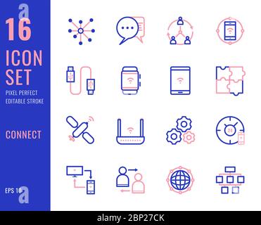 Set of 16 icons connection related thin line style.  Editable stroke. Pixel Perfect. Vector illustration Stock Vector