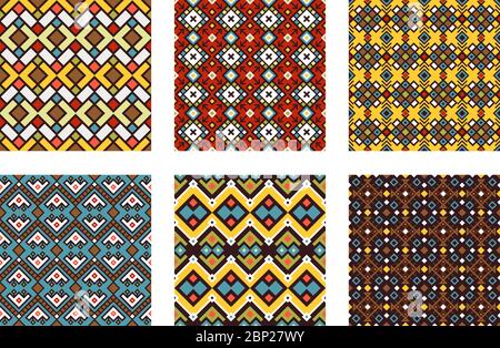 Tribal ornament pattern set. Colored mexican culture textures or color tribal ornamental seamless patterns Stock Vector