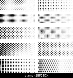 Dotted gradient set. Vector fading circle dots textures and black halftone moire patterns on white Stock Vector