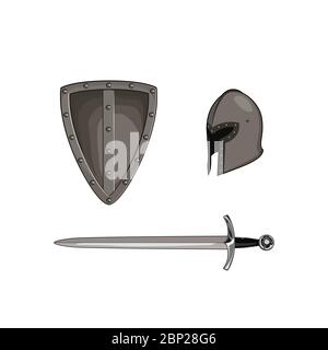 Metal middle age armour set. Steel knight helmet, shield, sword, blade. Vector graphic illustration. Isolated white background Stock Vector