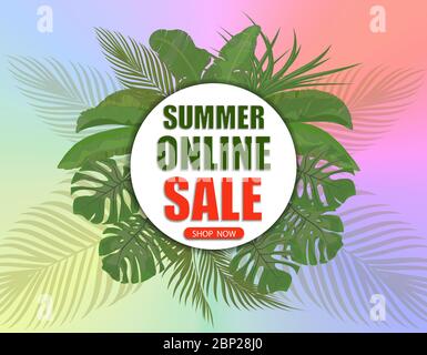Summer online sale. Shop now. Banner on the background of palm leaves and a multi-colored gradient. Vector illustration Stock Vector